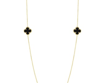 14K Gold Onyx Quatrefoil Station Necklace