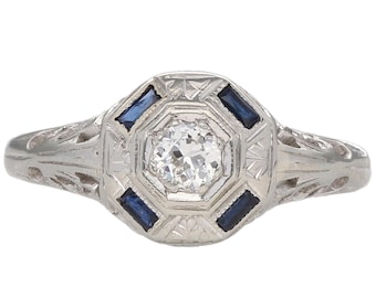 18k White Gold Art Deco European Cut Diamond and Sapphire Size 6.25