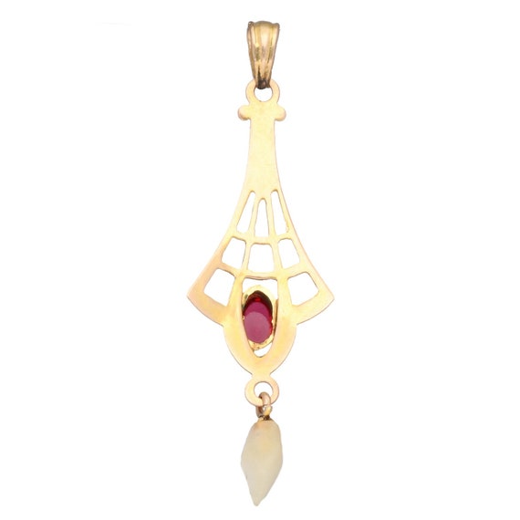 10K Yellow Art Deco Lavalier with Cabochon Garnet… - image 2