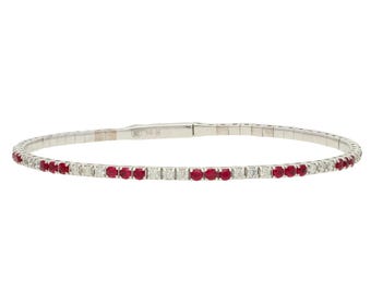 14K White Gold Diamond Ruby Flex Bangle Bracelet 0.70ctw 0.83ctw Luxe