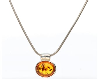 Sterling Silver Amber Pendant Necklace 16 Inch Chain 1cm Charm 6.9g