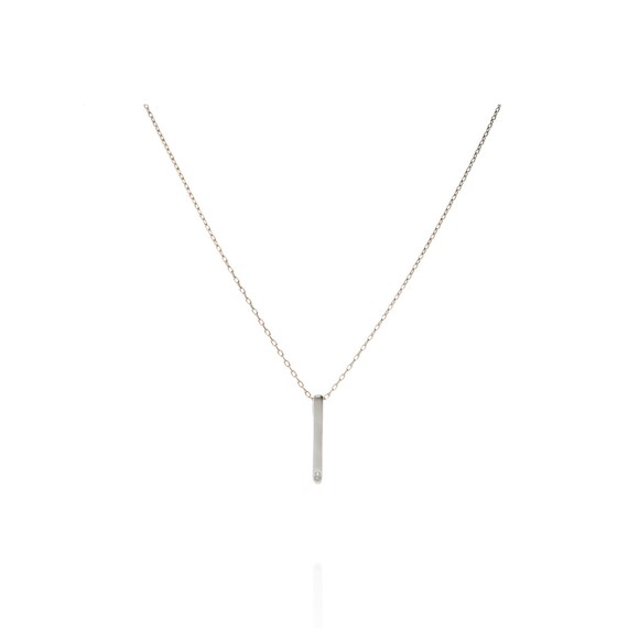 14k White Gold Satin Diamond Bar Necklace | Minimal Diamond Bar Pendant | Modern