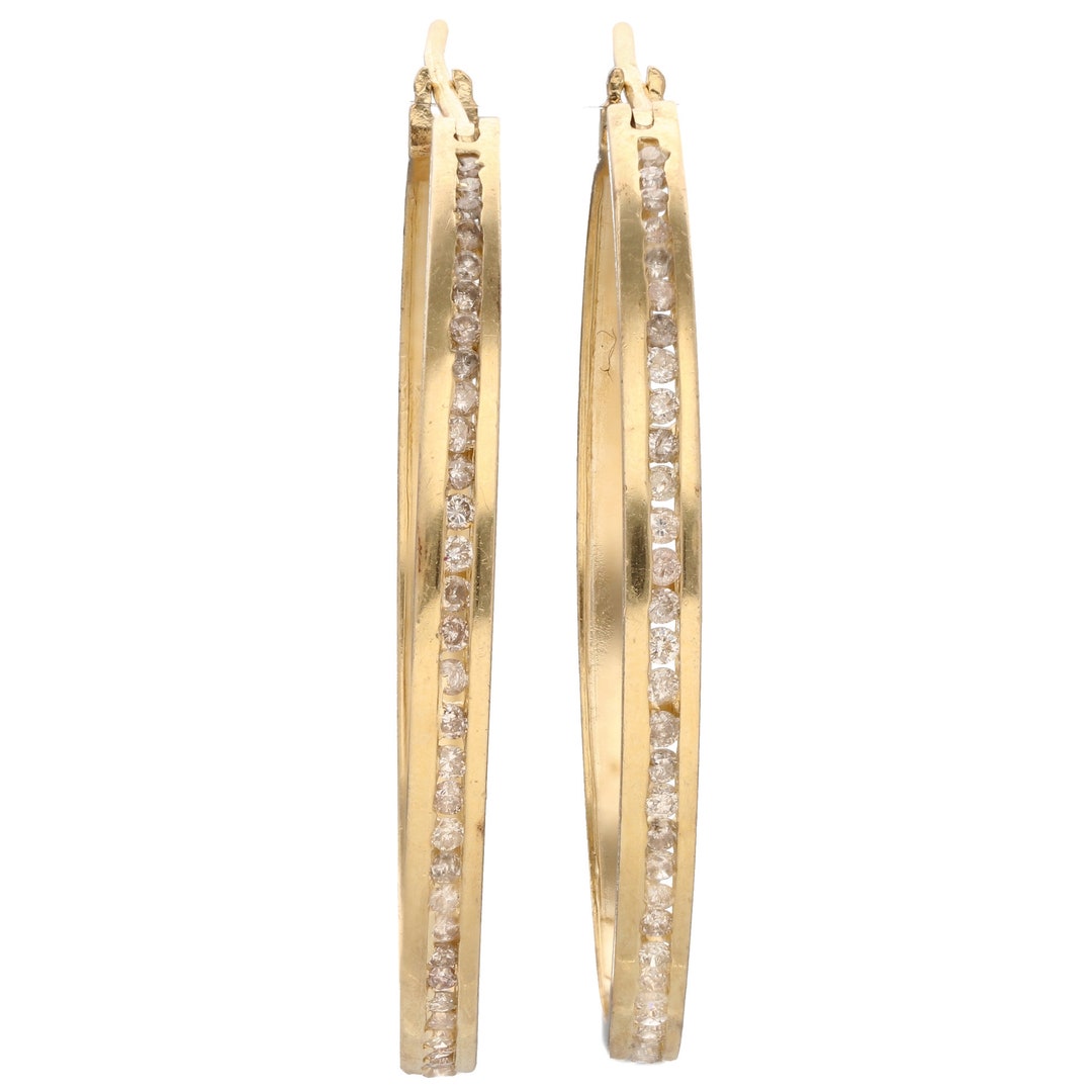 14K Yellow Gold Hoop and Diamond Earrings Etsy