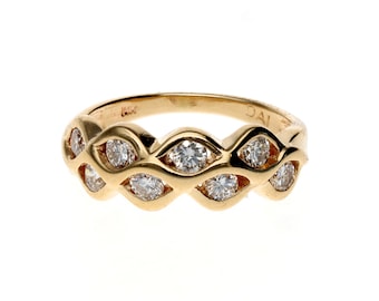 14k Yellow Gold Diamond Wave Ring, 0.48 CTW Diamond Band, Vintage Style Curved