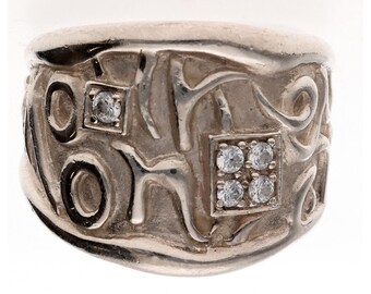 Sterling Silver Wide Cz Accent Ring Textured Statement 16 Gram, Bold Size 8