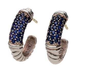 David Yurman Metro Sapphire Pave Cable Hoop Earrings Sterling Silver