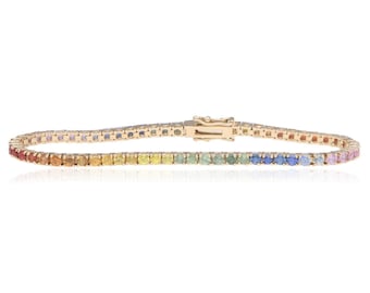 14K Yellow Gold Rainbow Sapphire Ombre Bracelet 7in 8.1g Vibrant Luxe