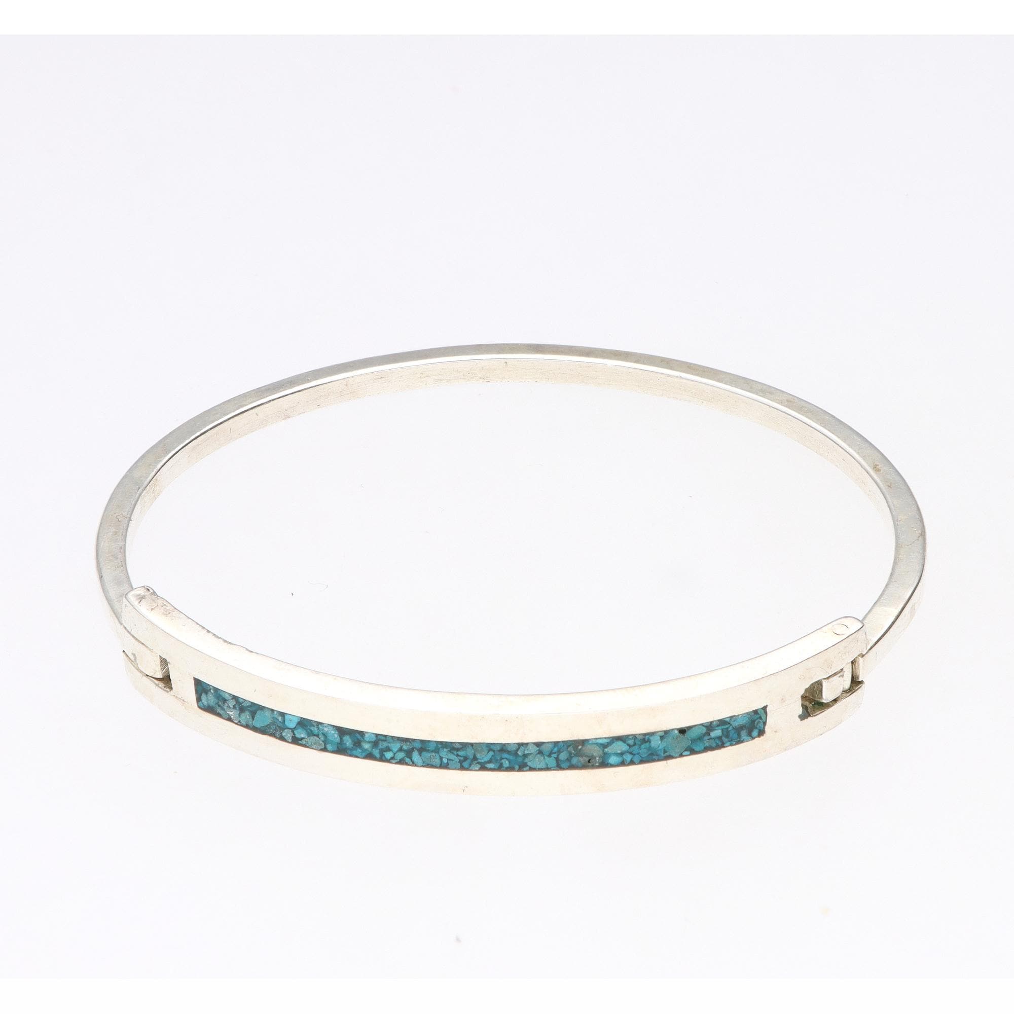 Mexico Alpaca Silver Bangle Bracelet Crushed Turquoise Inlay