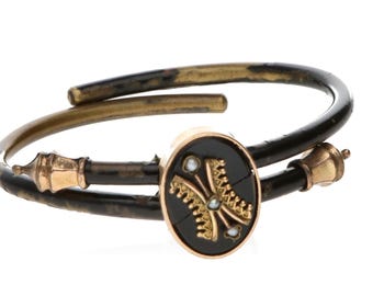 Antique Victorian Mourning Bracelet - 1879 Patent 10k Gold & Onyx Bypass Bangle