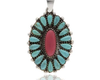 Sterling Silver, Turquoise, and Coral Pendant Southwestern Pendant 1.75x1&quot; 7.9g