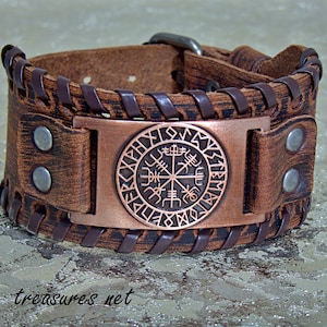 Customized Leather Bracelet, Personalized Leather Bracelet Wide Leather Cuff Bracelet Viking Compass image 1