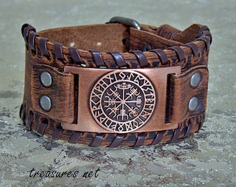 Customized Leather Bracelet, Personalized Leather Bracelet - Wide Leather Cuff Bracelet Viking Compass