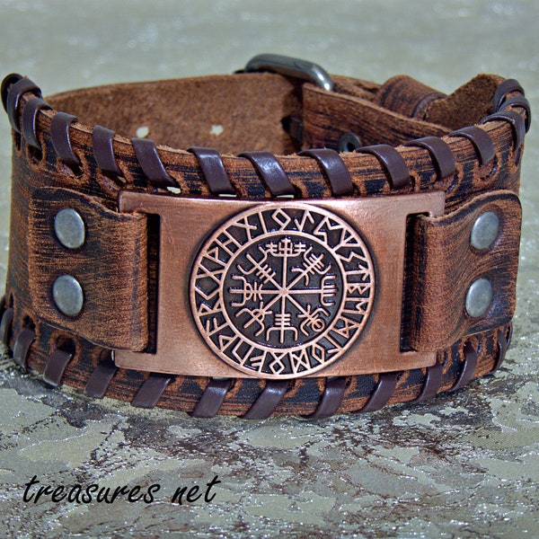 Bracelet en cuir personnalisé, bracelet en cuir personnalisé - large bracelet manchette en cuir boussole viking
