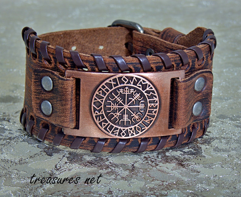 Customized Leather Bracelet, Personalized Leather Bracelet Wide Leather Cuff Bracelet Viking Compass image 1