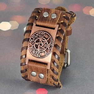 Customized Leather Cuff Bracelet: Pentacle Tree of Life, Engraved