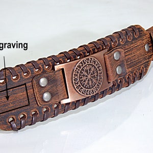 Customized Leather Bracelet, Personalized Leather Bracelet Wide Leather Cuff Bracelet Viking Compass image 6