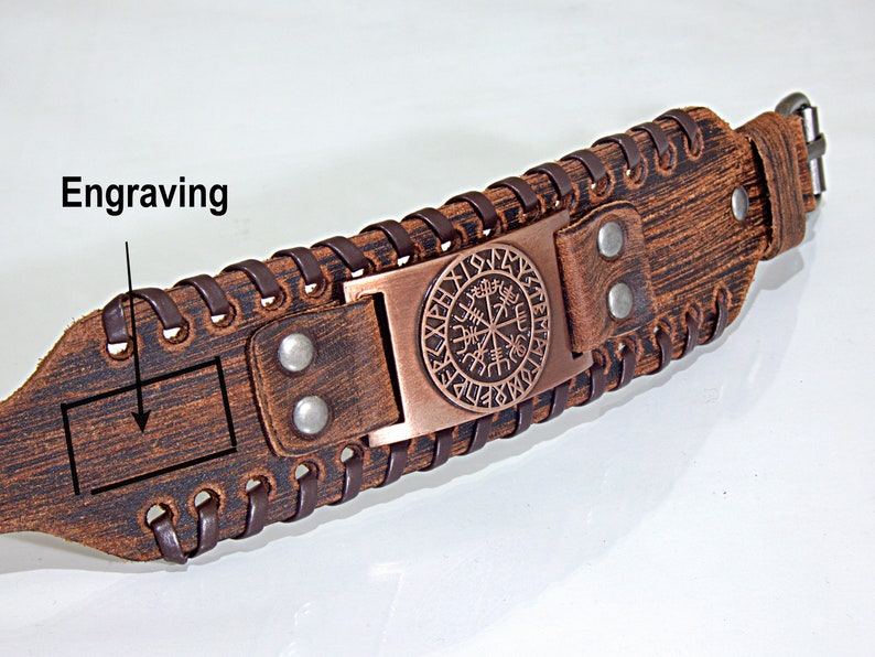 Customized Leather Bracelet, Personalized Leather Bracelet Wide Leather Cuff Bracelet Viking Compass image 6