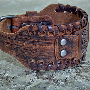 Customized Leather Bracelet, Personalized Leather Bracelet Wide Leather Cuff Bracelet Viking Compass image 3