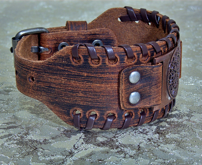 Customized Leather Bracelet, Personalized Leather Bracelet Wide Leather Cuff Bracelet Viking Compass image 3