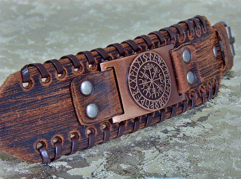 Customized Leather Bracelet, Personalized Leather Bracelet Wide Leather Cuff Bracelet Viking Compass image 4