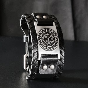 Bracelet en cuir personnalisé, cuir personnalisé - Bracelet manchette large en cuir boussole Viking - Stock Royaume-Uni expédition rapide