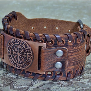 Customized Leather Bracelet, Personalized Leather Bracelet Wide Leather Cuff Bracelet Viking Compass image 2