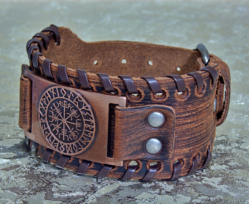 Customized Leather Bracelet, Personalized Leather Bracelet Wide Leather Cuff Bracelet Viking Compass image 2