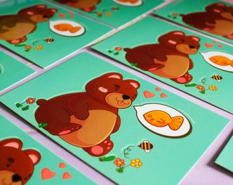 Fat Bear Postcard - Small Nature Art Print - Cute Animal Card