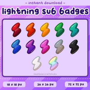 May include: A set of 10 lightning bolt badges in various colours, including red, orange, yellow, green, blue, purple, pink, grey, black, and white. The badges are in three different sizes: 18 x 18 pixels, 36 x 36 pixels, and 72 x 72 pixels.