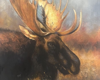 Original Acrylic Moose Painting, Wildlife Canvas Art, Rustic Cabin Decor, Autumn Foliage, Signed Nimbley