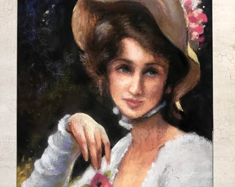 Vintage Pastellgemälde im Goldrahmen, wartende Dame, viktorianische Frau mit Hut, Originalkunstwerk