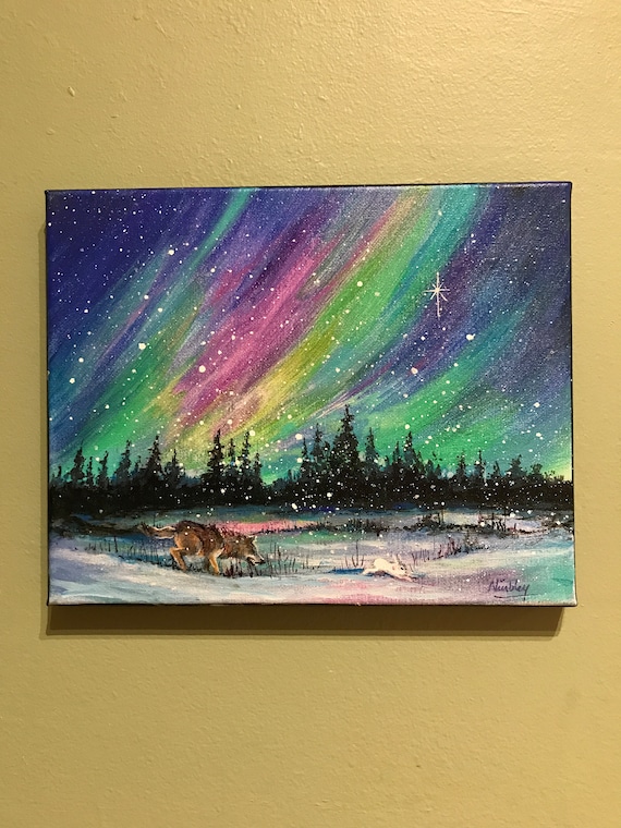 Aurora Borealis, Northern Lights Original Painting in Acrylic by