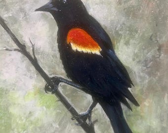 Dipinto originale in miniatura di un merlo dalle ali rosse, piccola opera d'arte acrilica raffigurante un uccello, decorazione murale invernale con uccelli, regalo su tela a tema natura 8x8
