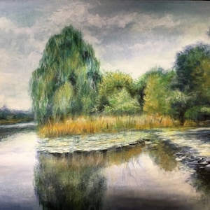 Willow Trees & Lillypads at Angrignon Park, Montreal, Qc - Original painting