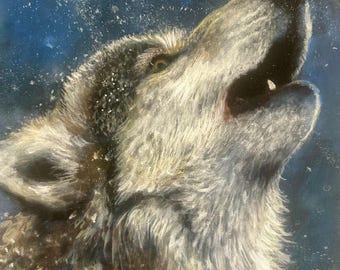 Origineel acrylschilderij huilende wolf, Starry Night Arctic Wildlife-kunstwerk