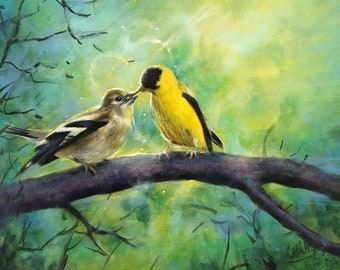 Original Goldfinch Love Birds Acrylic Painting, Romantic Wildlife Wall Art