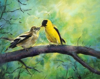 Original painting House warming gift Goldfinch birds Wall Art Romantic Birds in Love