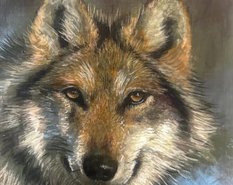 オオカミのアートプリント、オオカミの絵画、一匹狼、冬のオオカミ、雪