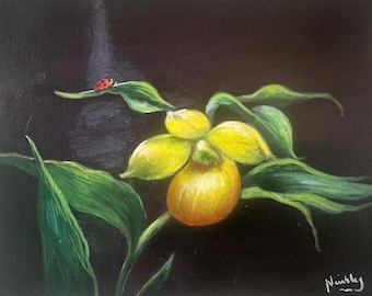 Original miniature vintage painting Milady's Slipper Yellow Orchid artwork by Susan Nimbley
