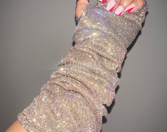 Pyrite - LONGLINE Gold/Pink/Blue Glitter Gloves - Prom Gloves Wedding Gloves Dancer Gloves MetGala Gloves Festival Gloves - L’Rochaé