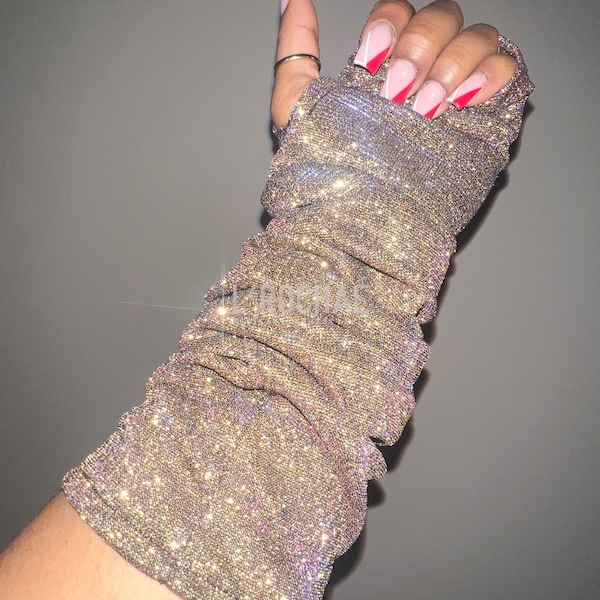 Pyrite - LONGLINE Gold/Pink/Blue Glitter Gloves - Prom Gloves Wedding Gloves Dancer Gloves MetGala Gloves Festival Gloves - L’Rochaé