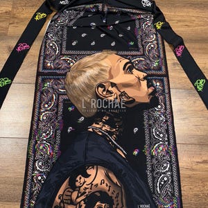 LONGLINE Czarna, przewiewna, artystyczna bandana w stylu Breezy Bowl - narysowana cyfrowo i ręcznie - niestandardowa, długa Durag - (długość obrazu wynosi 100 cm) - L’Rochaé