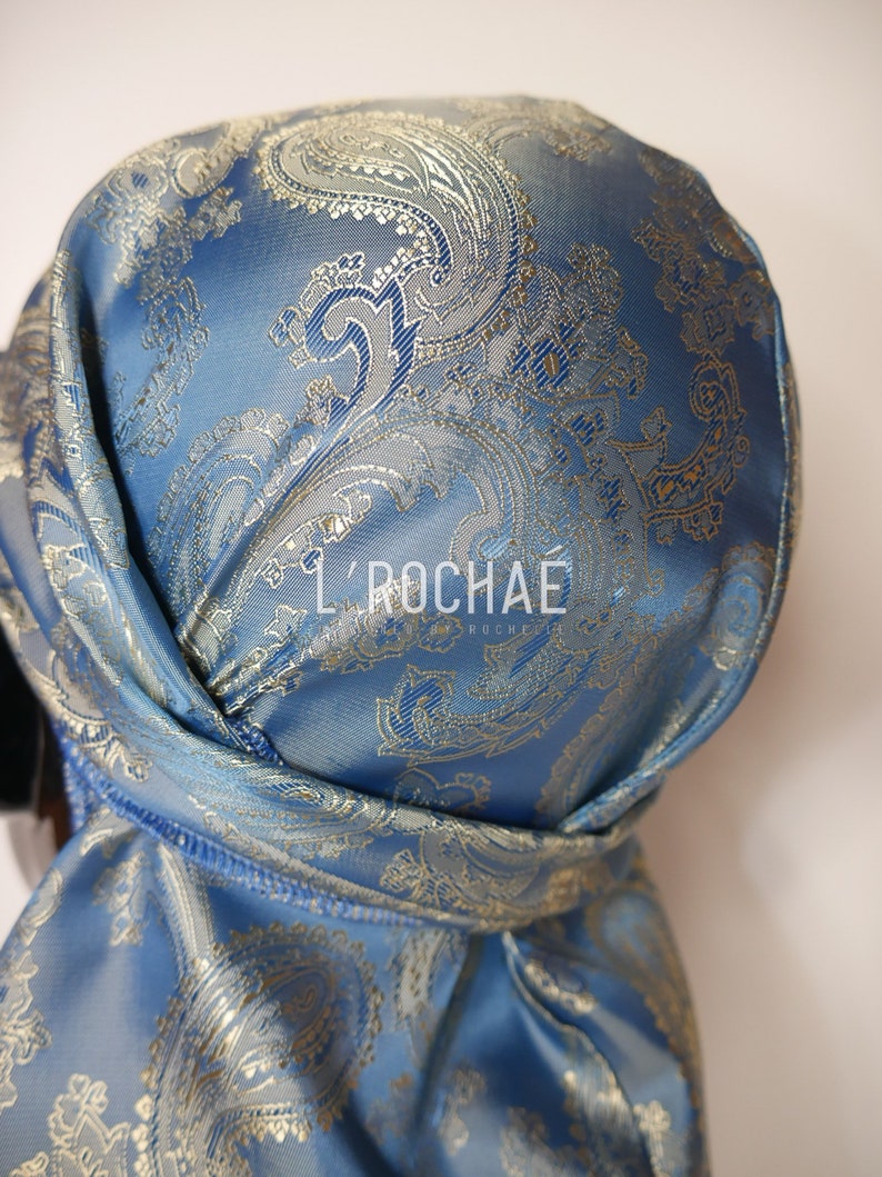 Blue Lemonade Baby Blue/Light Gold Metallic Paisley Luxury Non-Stretch Durag LRochaé image 5