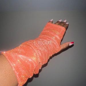 Carnelian - Orange/Yellow Gold LONGLINE Glitter Gloves - Prom Gloves Wedding Gloves Dancer Gloves MetGala Gloves Festival Gloves - L’Rochaé