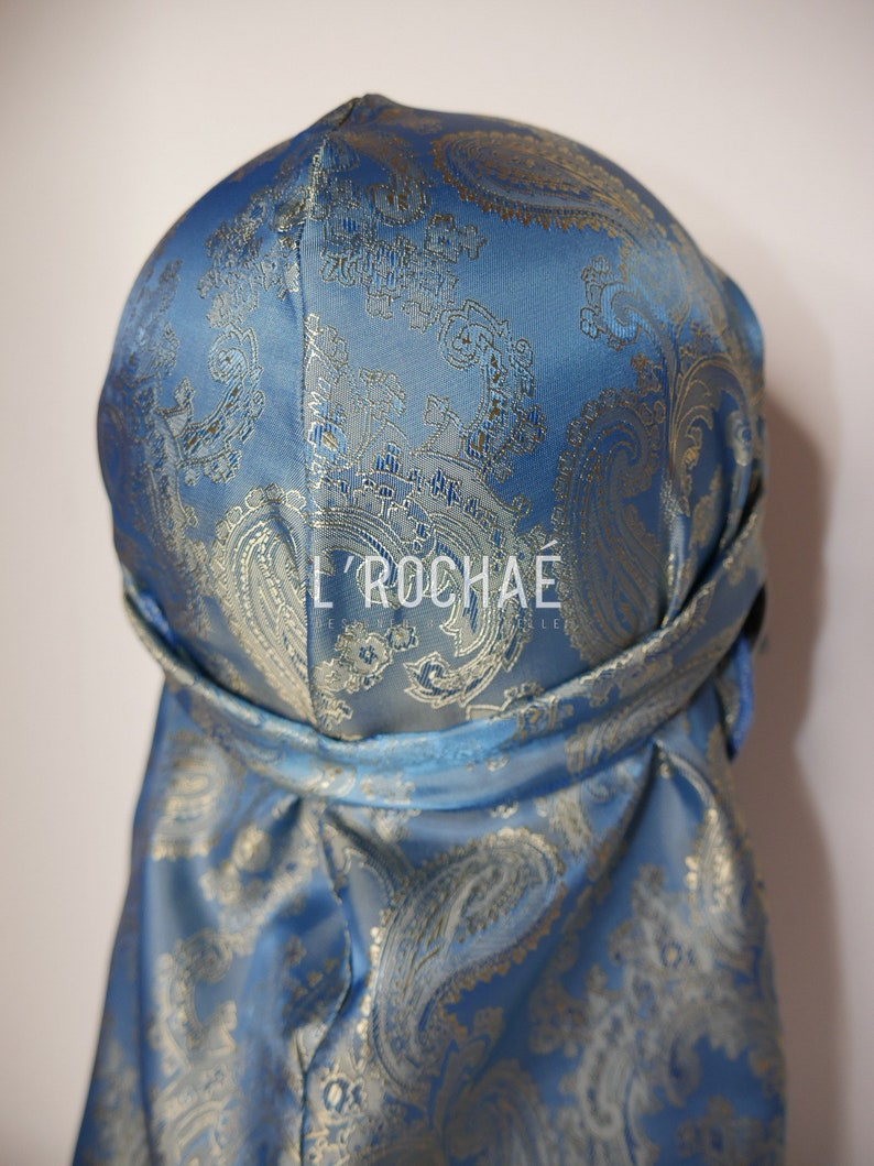 Blue Lemonade Baby Blue/Light Gold Metallic Paisley Luxury Non-Stretch Durag LRochaé image 7