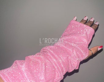 Rose Quartz - LONGLINE Baby Pink Glitter Gloves - Prom