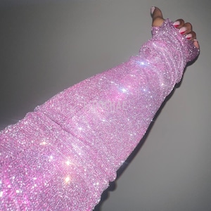 Pink Sapphire - Pink/Silver LONGLINE Glitter Gloves - Prom Gloves Wedding Gloves Dancer Gloves MetGala Gloves Festival Gloves - L’Rochaé