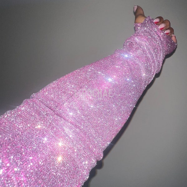 Pink Amethyst - Pink/Silver LONGLINE Glitter Gloves - Prom Gloves Wedding Gloves Dancer Gloves MetGala Gloves Festival Gloves - L’Rochaé