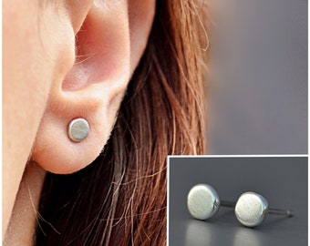 Flat Pebble Studs, Tiny Round Silver Stud Earrings, Minimalist Sterling Silver Studs, Small Circle Studs