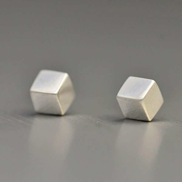 Tiny Cube Studs, Sterling Silver Minimalist Earrings, Geometric Post Earrings